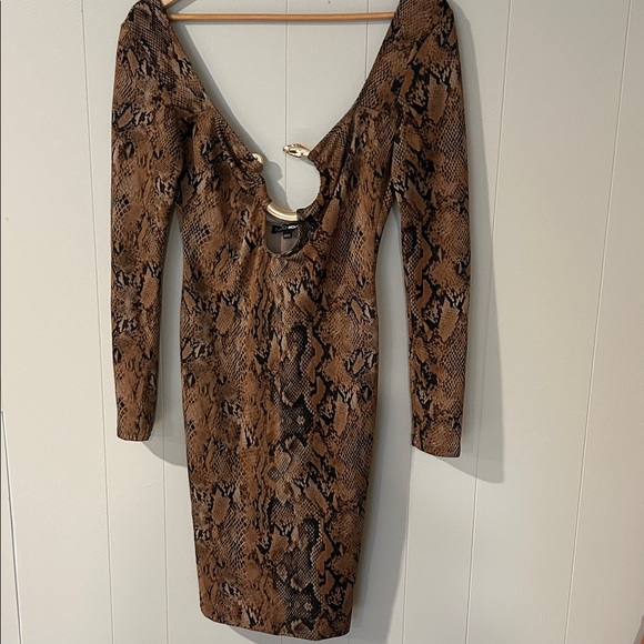 Snake Print Bodycon Dress Brown Long Sleeve Cutout Large - Picture 7 of 11